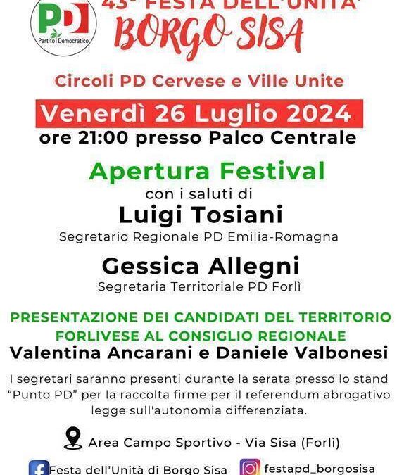 Festa de L’Unità di Borgo Sisa dal 26 luglio al 5 agosto: apertura con Tosiani, Allegni e i candidati Ancarani e Valbonesi